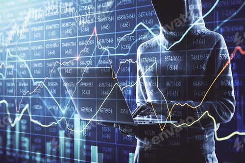 Preview: Hacker Using Laptop With Forex Chart Hologram On Blurry Background. Malware And Finance Concept