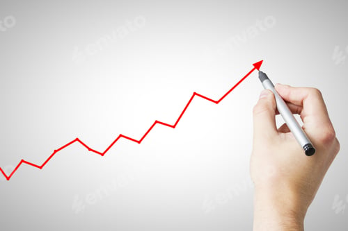 Preview: Hand Drawing Upward Red Arrow On Subtle Light Background. Economic Growth And Success Concept