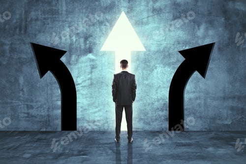 Preview: Back View Of Young Businessman In Concrete Room With Three Arrows. Different Direction And Choice