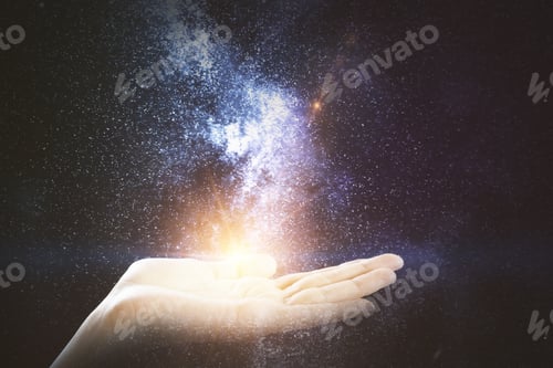 Preview: Female Hand Holding Abstract Space Milky Way. Fantasy Concept. Double Exposure