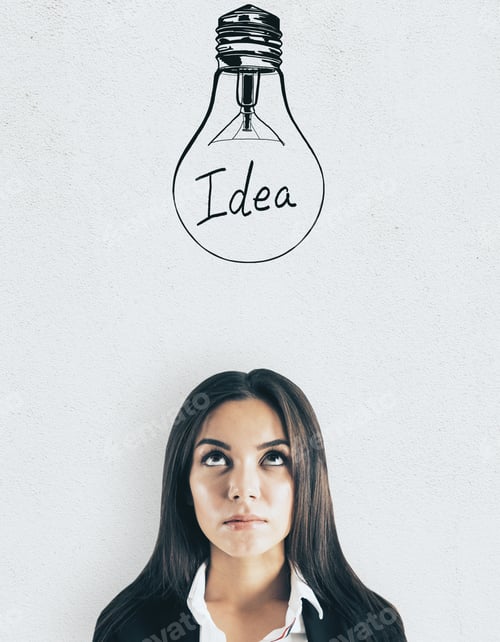 Preview: Portrait Of Attractive Young European Businesswoman With Lightbulb Sketch On Light Background. Idea