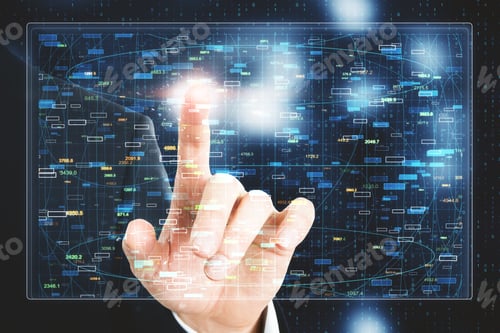 Preview: Close Up Of Businessman Hand Using Glowing Forex Chart Screen. Hud And Invest Concept. Double