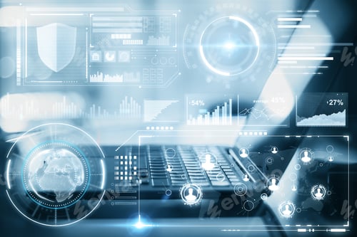 Preview: Laptop With Digital Business Interface. Technology And Innovation Concept. Double Exposure