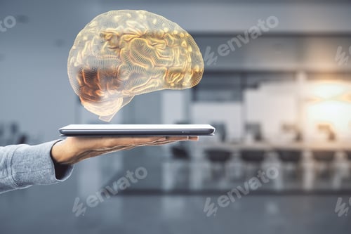 Preview: Hand Holding Tablet With Glowing Brain On Blurry Office Background. Artificial Intelligence
