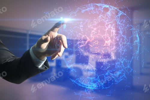 Preview: Close Up Of Man Hand Pointing At Abstract Glowing Polygonal Sphere On Blurry Office Interior