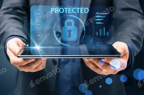 Preview: Protection And Internet Security Concept With Digital Lock Sign And Indicators Projected Above
