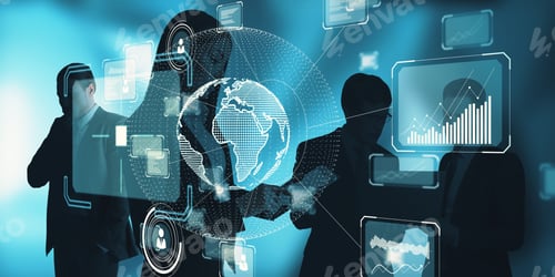 Preview: Businesspeople Working Together With Abstract Digital Business Interface On Dark Blue Background