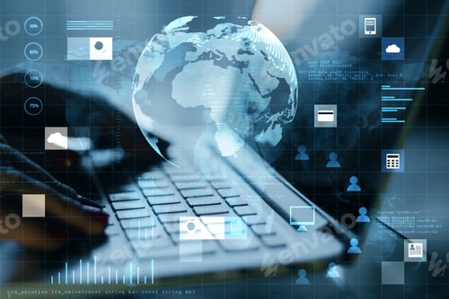 Preview: Close Up Of Hands Using Laptop On Desktop With Abstract Digital Social Globe Grid Hologram On