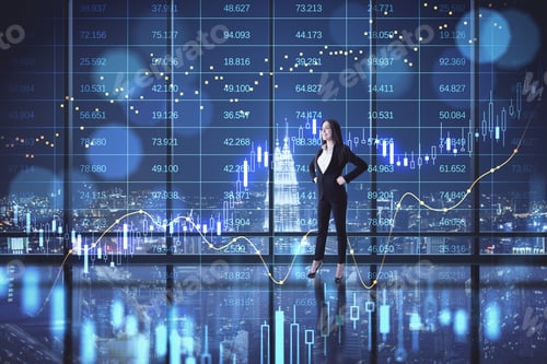 Preview: Attractive Young European Businesswoman Standing In Dark Office Interior With Big Data Index, Forex