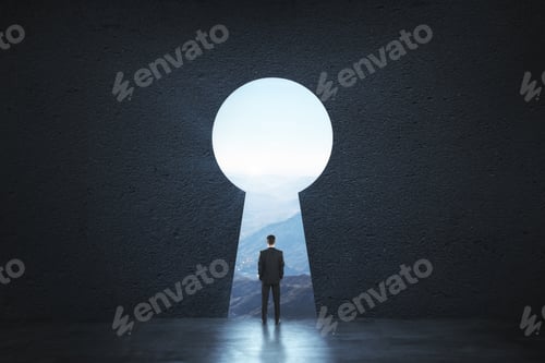 Preview: Back View Of Young Businessman Standing Against Keyhole Door. Dream, Success, Opportunity And