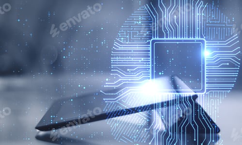 Preview: Digital Tablet Computer With Creative Glowing Cpu Chip Interface. Safety And Protection Concept