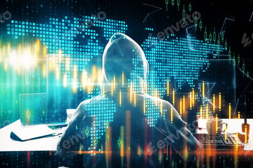 Preview: Hacker At Desktop Using Laptop With Global Forex And Big Data Interface. Ai And Trade Concept