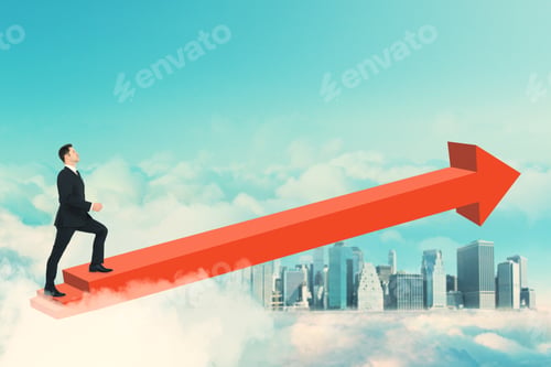 Preview: Side View Of Young Businessman Walking On Red Arrow On Sky And City Skyline Background. Success And