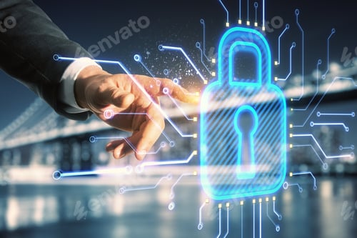 Preview: Close Up Of Businessman Hand Pointing At Abstract Glowing Padlock Hologram On Blurry Night City