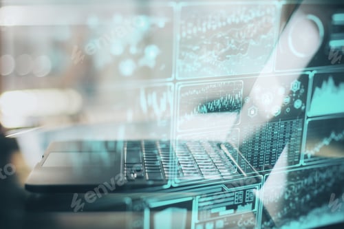 Visualização: Laptop On Table And Digital System Security Interface On Screen. Business And Security Concept