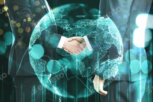 Preview: Two Businessman Shake Hands And Glowing Stock Chart With Earth. Global Business And Teamwork