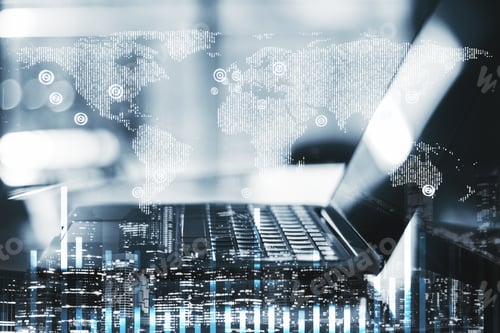 Preview: Double Exposure Of Laptop And Digital World Map With Financial Chart At Night City Background.