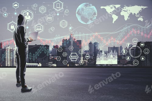 Preview: Hacker Standing On Rooftop With Digital Business Interface And Night City View. Hacking And Malware