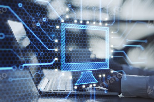 Preview: Close Up Of Businessman Hands Using Laptop With Abstract Glowing Computer Monitor Chip And Circuit