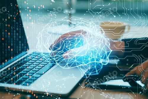 Preview: Hands Using Laptop With Digital Brain Interface. Artificial Intelligence And Technology Concept