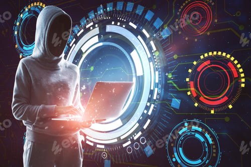 Preview: Hacker Using Laptop With Digital Business Interface. Hacking, Future And Theft Concept. Double