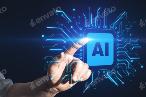 Preview: Male Hand Pointing At Abstract Blue Ai Chip On Blurry Background. Artificial Intelligence