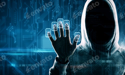 Preview: Hacker Hand Using Abstract Fingerprint Scanning Interface On Blurry Background. Access And Hacking