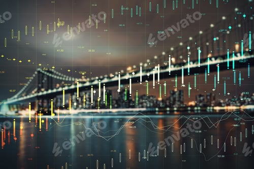 Preview: Finance And Trade Concept. Creative Night City Wallpaper With Glowing Forex Chart. Double Exposure