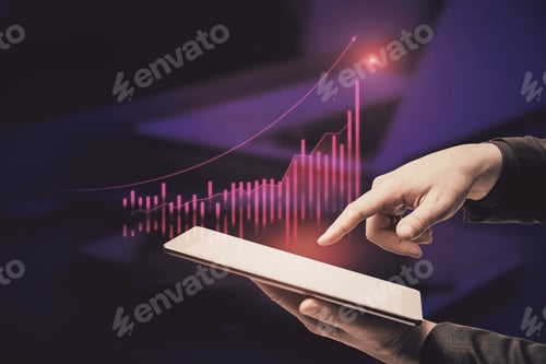 Preview: Close Up Of Businessman Hand Pointing At Tablet With Abstract Glowing Growing Global Business Chart