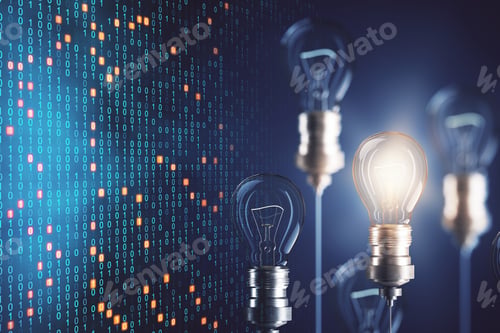 Preview: Abstract Glowing Light Bulb On Bynary Blue Background. Innovation And Idea Concept. 3D Rendering