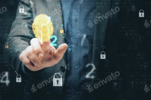 Preview: Businessman Hand Using Internet Security Hologram With Lock Icons. Safety And Protection Concept.