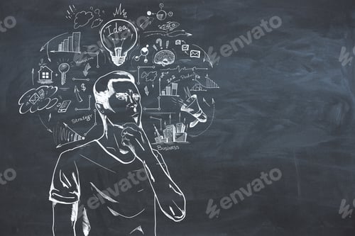 Preview: Hand Drawn Thoughtful Man With Business Sketch On Chalkboard Wall Background. Art, Design And