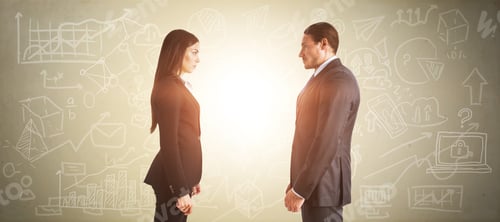Preview: Attractive Businesspeople Standing On Filtered Concrete Wall Background With Business Sketch