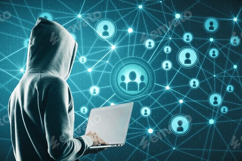 Preview: Social Network And Theft Concept. Hacker Using Laptop With Glowing Connections On Blue Digital Map