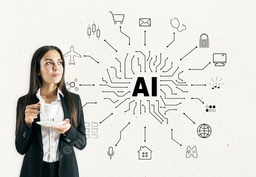 Preview: Attractive Young European Businesswoman With Creative Ai Sketch Drinking Coffee On White