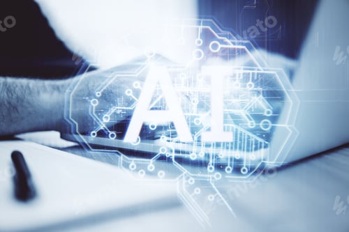 Preview: Hands Using Laptop With Ai Interface. Artificial Intelligence And Technology Concept. Double
