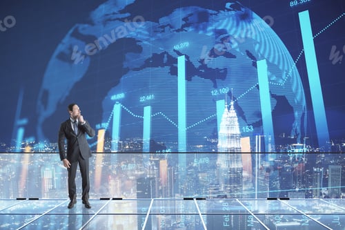 Preview: Attractive Thoughtful Young European Businessperson Standing On Rooftop With Forex Chart, Globe And