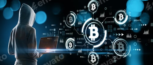 Preview: Young Hacker Using Laptop With Abstract Bitcoin Hologram On Blurry Blue Bokeh Background