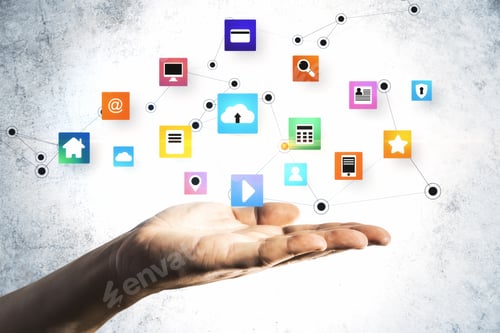 Preview: Hand Holding Glowing Social Network Hologram. Business And Communication Concept. Close Up