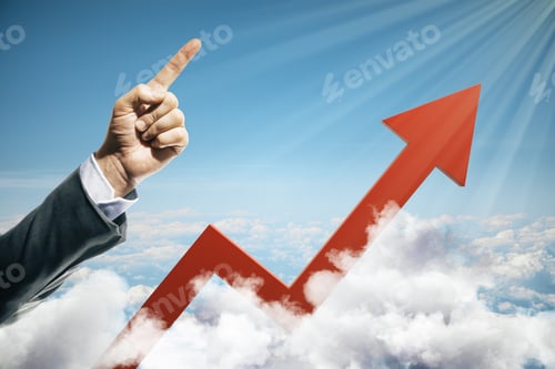 Preview: Businessman Hand Points Up And Red Growing Arrow On Blue Sky Background. Success And Startup