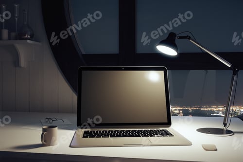 Preview: Black Blank Laptop With Cup Of Coffee And Lamp At Night