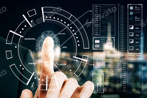 Preview: Protection And Security Concept With Man Finger Pushed On Digital Screen With Fingerprint Anf