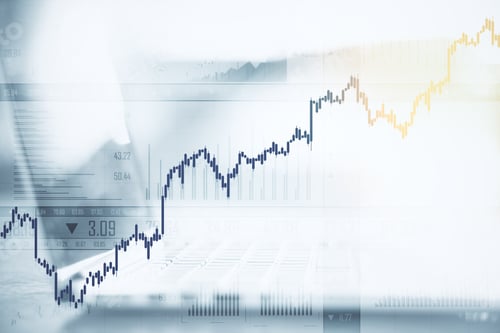 Preview: Close Up Of Laptop With Forex Chart On Blurry Desktop Backround. Finance And Trade Concept.
