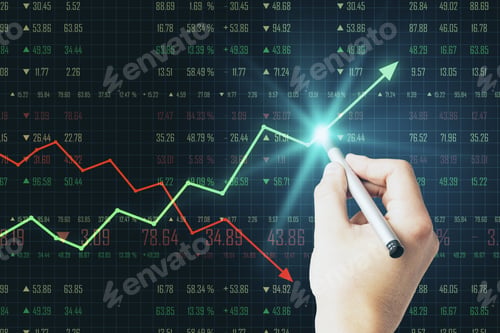 Preview: Man Hand Pushes On Business Chart Screen With Red Going Down Arrow And Green Going Up Arrow. Double