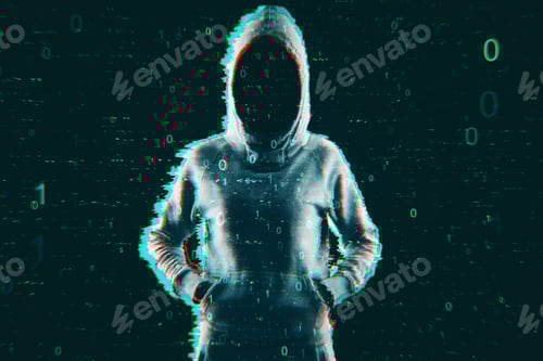 Preview: Theft And Computing Concept. Hacker In Hoodie With Creative Binary Code. Double Exposure