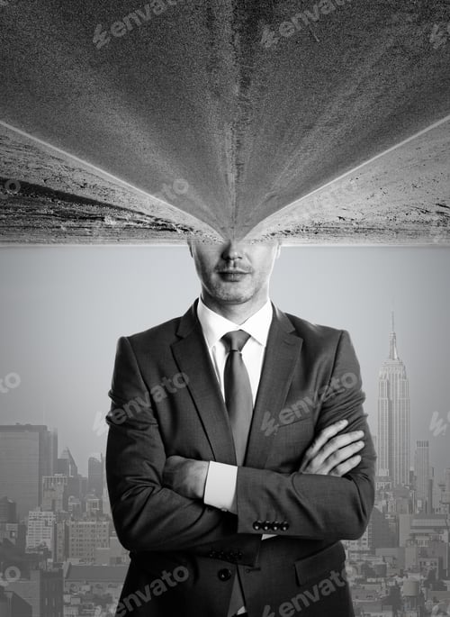 Preview: Man With Folded Arms And Abstract Road Head On City Background. Career Path Concept