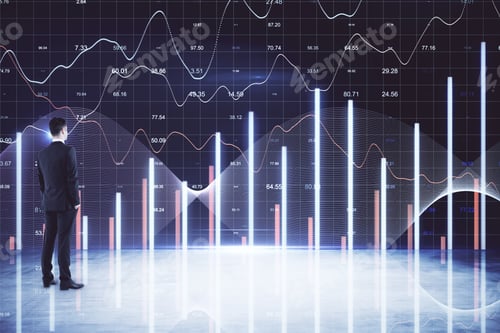 Preview: Thoughtful Businessman Standing In Digital Office Interior With Glowing Forex Charts. Trade And
