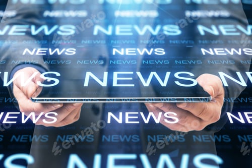 Preview: Businessman Holding Digital Tablet With Glowing News Hologram Interface. News And Information