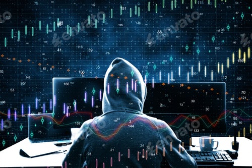 Preview: Hacker At Desktop Using Laptop With Abstract Forex Chart. Investment And Criminal Concept. Double