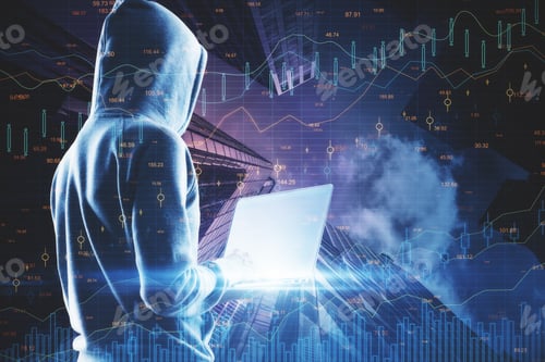 Preview: Side View Of Hacker Using Laptop On Dark City Background With Forex Chart. Malware And Stats
